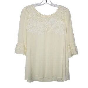 Andree by Unit Women's Large Cream Yellow Lace Ruffle Sleeve Blouse